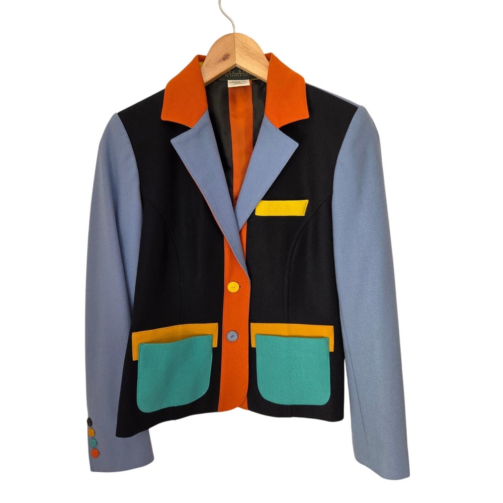 Harve Benard Wool Colorblock Blazer Jacket Blue Orange Navy‎ Blue Womens Size 4